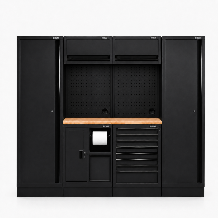 Werkplaats 2 hoge kasten hout Pillar Workshop Setup – 2 Tall Cabinets – Rubberwood Worktop 1360 mm